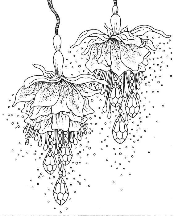 two flowers hanging from the ceiling with drops of water on them, coloring page for adults