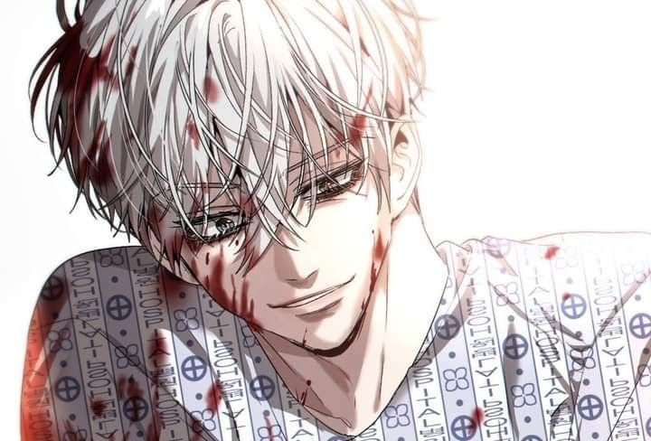 an anime character with white hair and glasses looking at the camera, while wearing a striped shirt