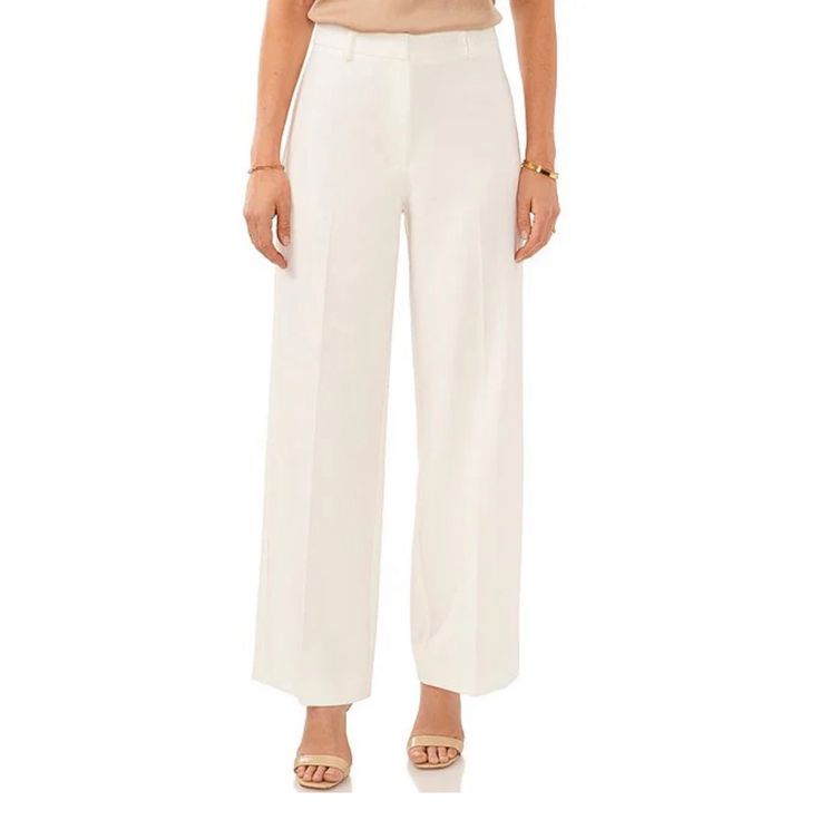 From Vince Camuto, These Pants Feature: Soho Stretch Twill Fabrication Wide Leg Silhouette Functional Side Pockets Front Pleats Cuffed Hemline Front Hook/Zip Closure Approx. 31" Inseam Polyester/Spandex Machine Wash/Line Dry Tailored White Wide-leg Dress Pants, White Tailored Wide-leg Dress Pants, Formal Straight Pants For Summer, Summer Formal Straight Pants, Fitted Wide-leg Spring Work Pants, Fitted Wide-leg Work Pants For Spring, Tailored Summer Pants For Workwear, Summer Formal Stretch Dress Pants, Formal Summer Ankle Pants