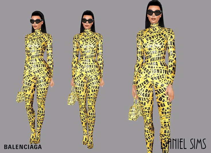 three different views of a woman in yellow leopard print clothes with sunglasses on her head