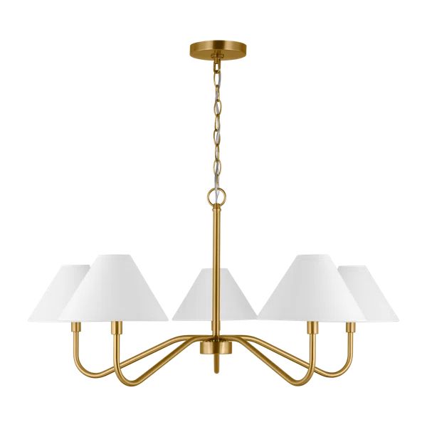 a brass chandelier with three white lamps