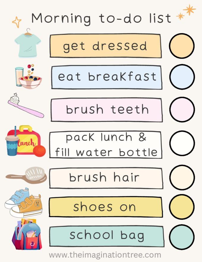 the morning to - do list is shown with words and pictures for each child's name