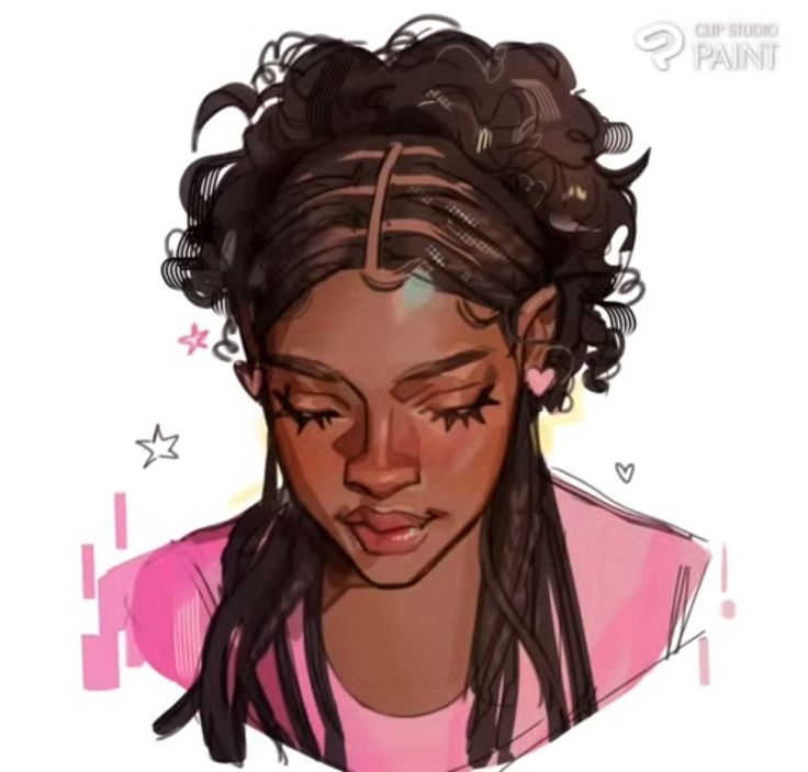 a drawing of a woman with black hair and long braids, wearing a pink shirt