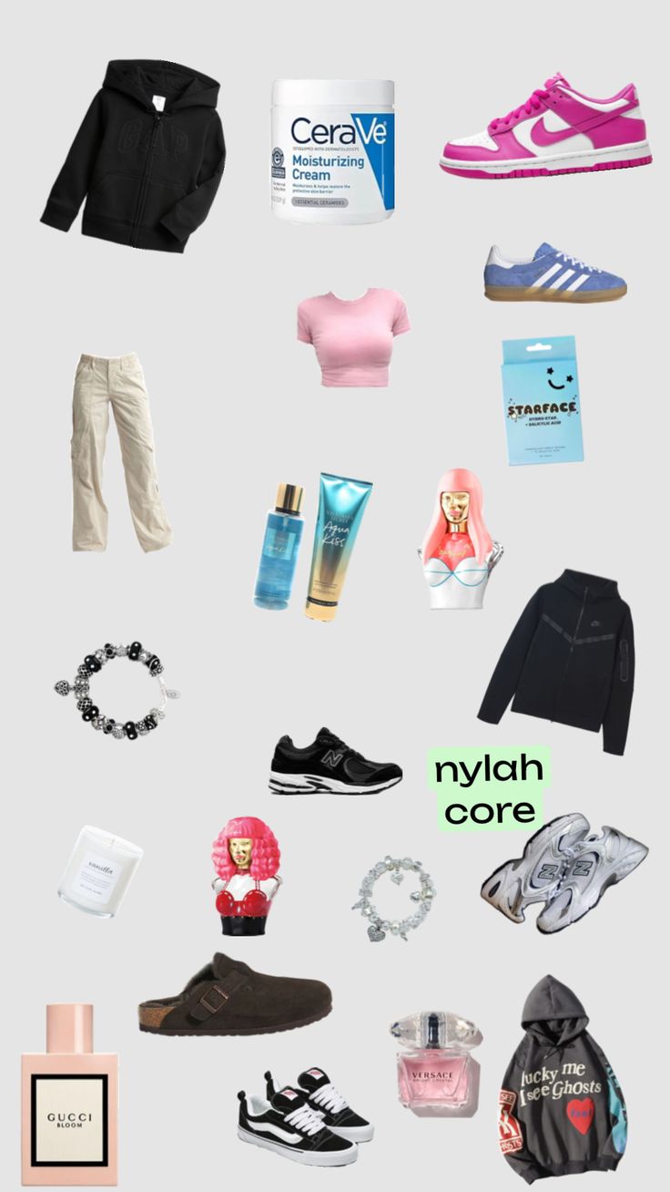 the contents of a woman's wardrobe including shoes, perfumes and other items