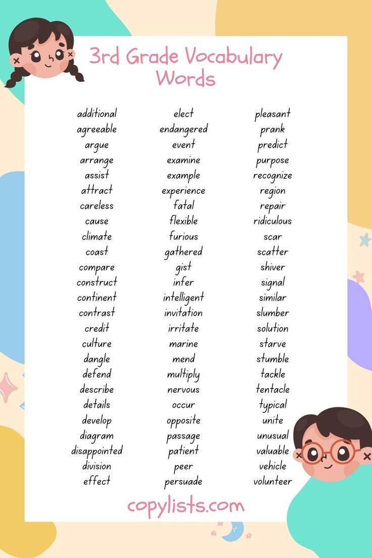 a list of 3rd-grade vocabulary words with cartoon children 3rd Grade Vocabulary Words, Teaching Spelling Words, Words With Definitions, 3rd Grade Spelling Words, Improve English Writing, Spelling Bee Words, Classroom Learning Centers, 3rd Grade Spelling, 3rd Grade Words