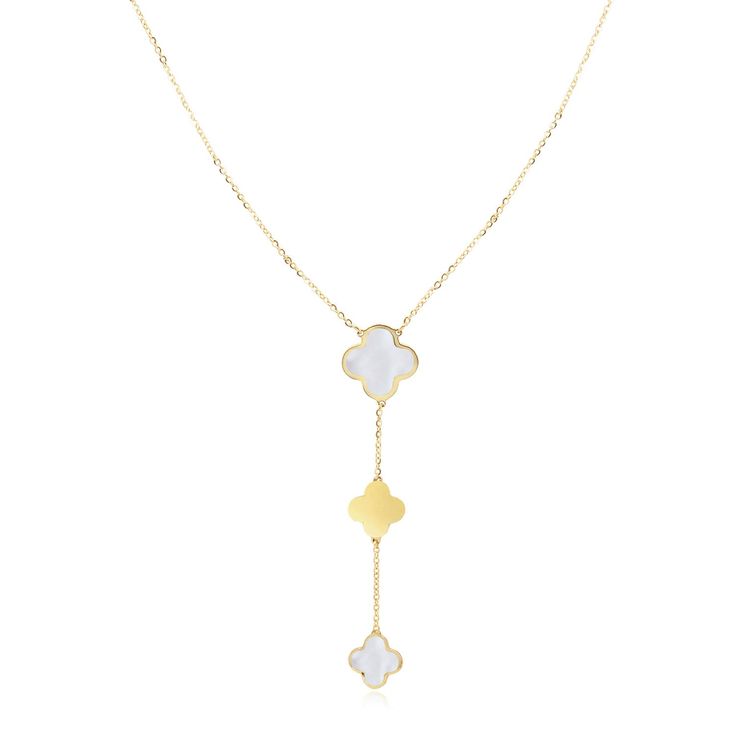 The lariat clover necklace is our go-to piece to add to any look! Available in several gemstone options. Dress it up with a cocktail dress & heels, or dress it down with your comfiest loungewear. Either way, you'll be classic chic! 14K Yellow Gold1 Large Mother of Pearl Clover Measuring: 14 millimeters - 0.55 inch1 Small Gold Clover Measuring: 10 millimeters - 0.40 inch1 Small Mother of Pearl Clover Measuring: 10 millimeters - 0.40 inchAdjustable Chain Length: 16-18 inchesLariat Drop Measures: 2.5 inchesThis piece is identical on both sides Lobster Clasp // Elegant Lariat Necklace For Everyday Luxury, Luxury Lariat Necklace With Adjustable Chain, Timeless Long Drop Lariat Necklace, White Chic Lariat Necklace, Chic White Lariat Necklace, Luxury Lariat Necklace With Clavicle Chain, Elegant Lariat Necklace With Adjustable Chain, Elegant Lariat Chain Necklace, Elegant Long Drop Lariat Necklace