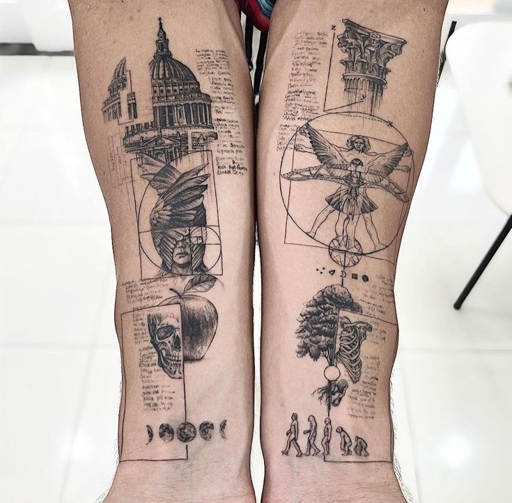 two people's legs with tattoos on them that show different things in their body