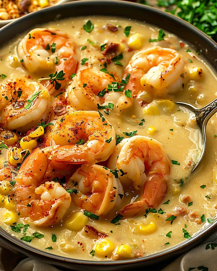 a bowl filled with shrimp and corn soup