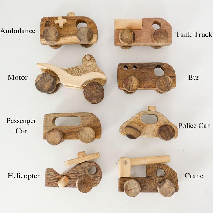 wooden toy cars labeled with names on white background, including vehicle and driver's side