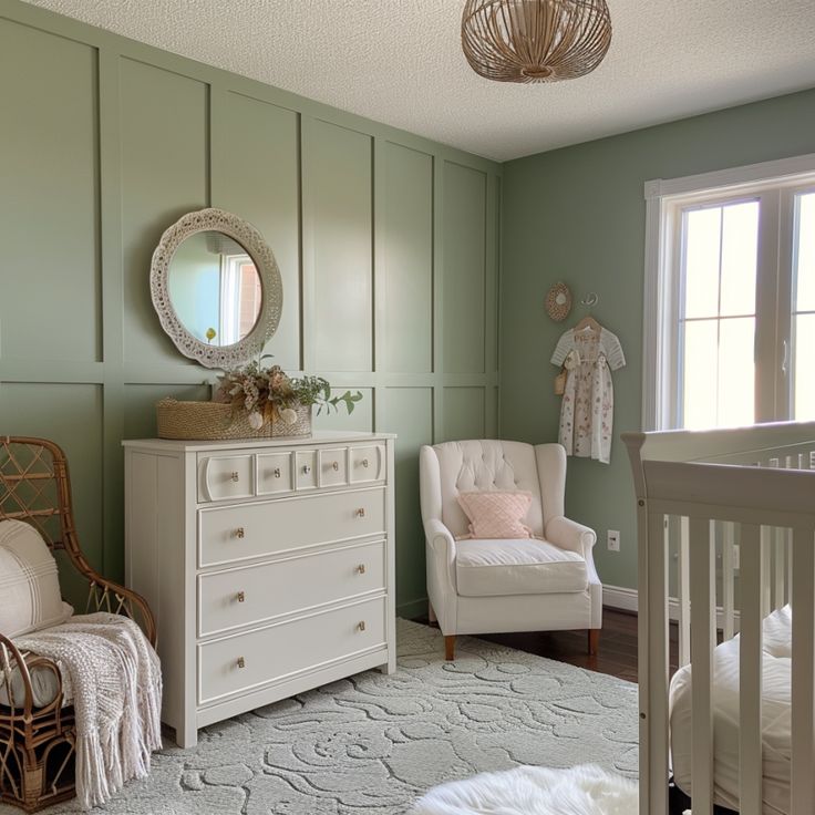 a baby's room with green walls and white furniture