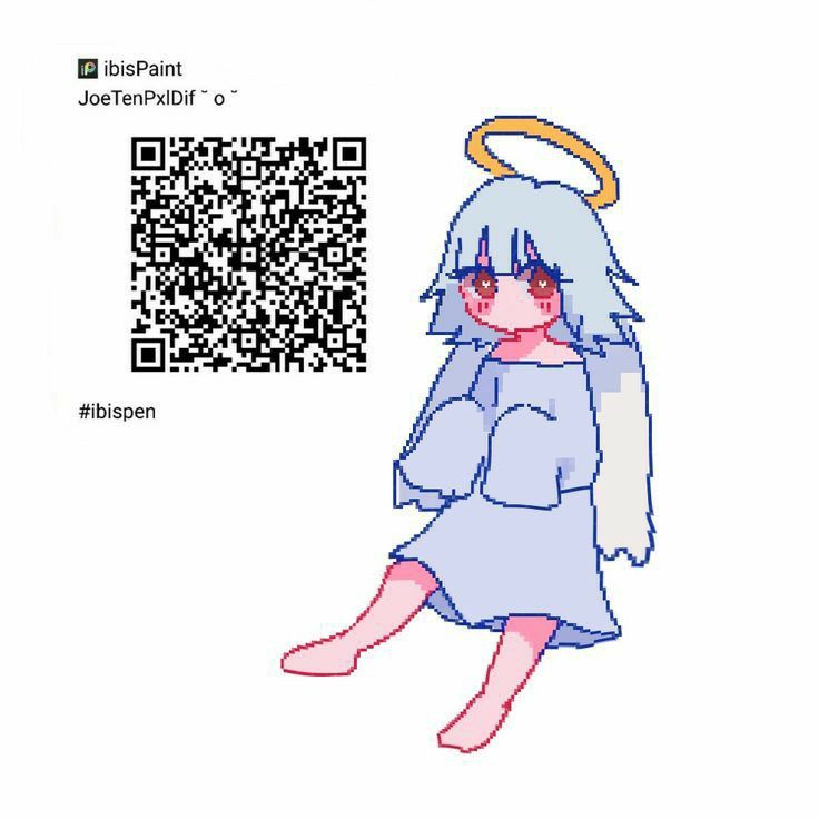 a drawing of an angel sitting on top of a white table next to a qr code