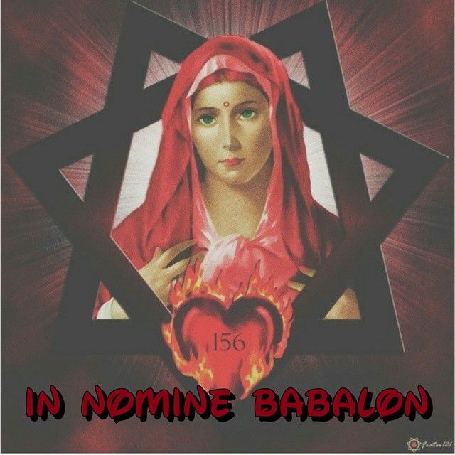 an image of a woman holding a heart with the words in nomine babalon on it