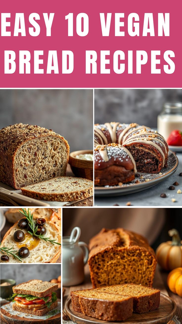 collage of breads with text overlay that says easy to vegan bread recipes