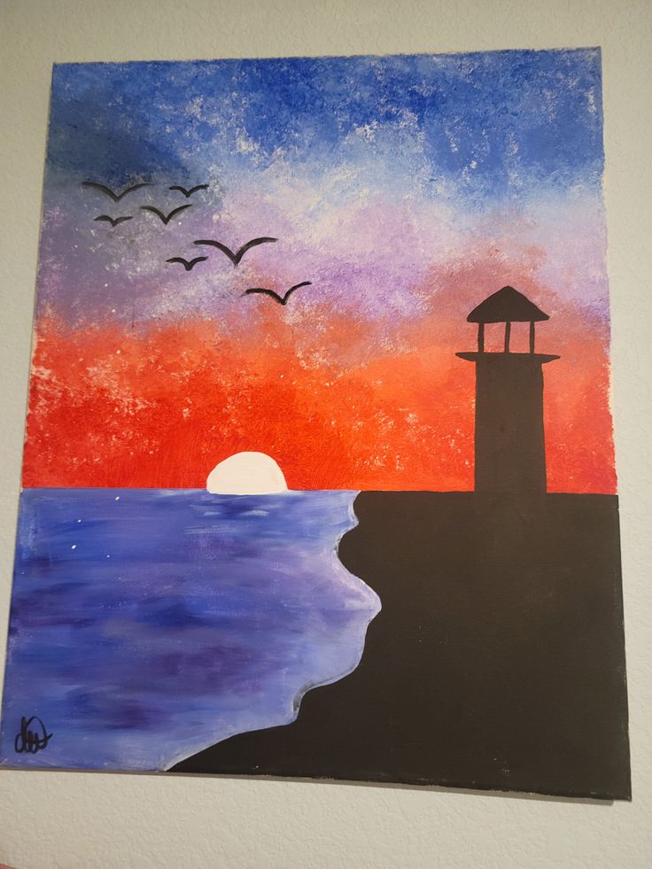 a painting of a lighthouse on the beach at sunset