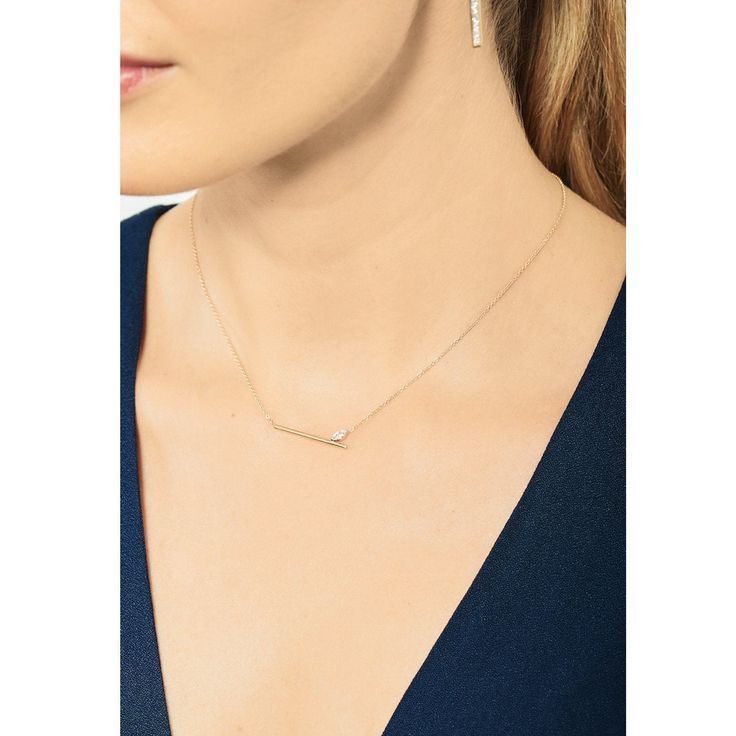 A most elegant version of a bar necklace, with an offset marquise diamond perched on a gold bar. The diamond is set in white gold to highlight the white color of the stone and allow for maximum sparkle. Rose Gold is in stock. Necklace available in yellow, rose or white gold with a white gold setting Length: 15-16" adjustable Length of bar is 25mm Marquise is 0.2 carats (5mm) Made in New York. Please allow 2-3 weeks for delivery. Selin Kent, Elegant Gold Necklace, Jewelry Drawing, Authentic Jewelry, Marquise Diamond, Gold Bar, Rose Gold Necklace, A Bar, White Rose Gold