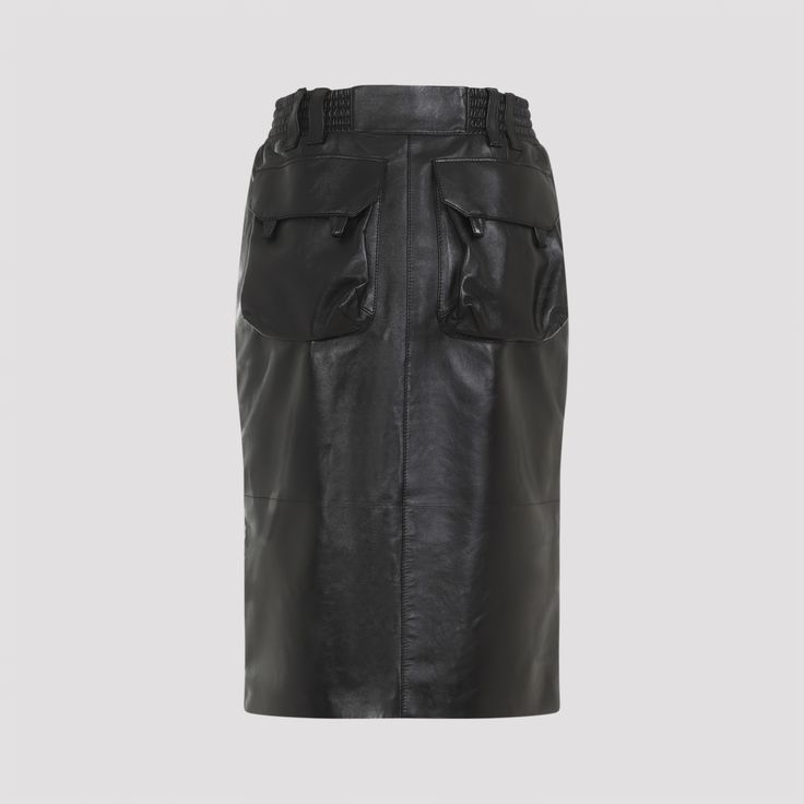 Saint Laurent Black Lamb Leather Midi Skirt. Pure black lamb leather skirt, elasticated waist, front concealing zipped and hooked fastening, belt loops, side pockets, back flap pockets, midi-length, straight hem. Elegant Midi Skirt, Black Fr, Leather Midi Skirt, Androgynous Fashion, Pure Black, Black Midi Skirt, Women's Wardrobe, Women Skirts Midi, Womens Clothing Tops