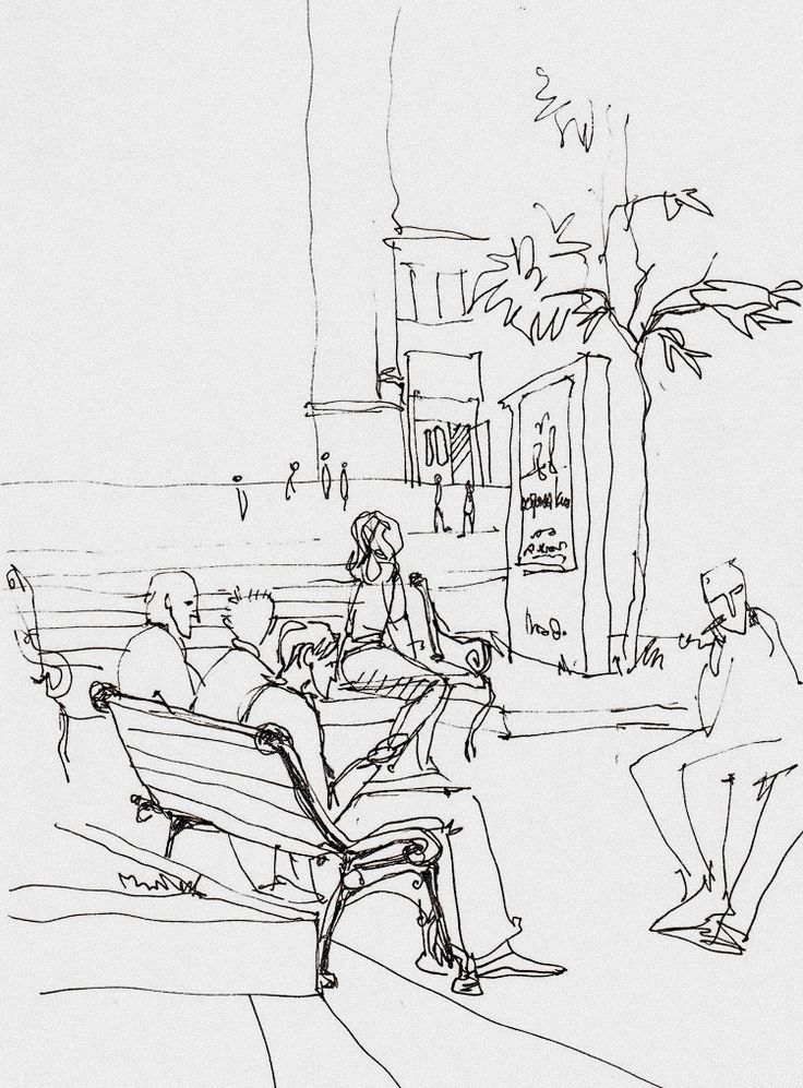 black and white drawing of people sitting on park benches