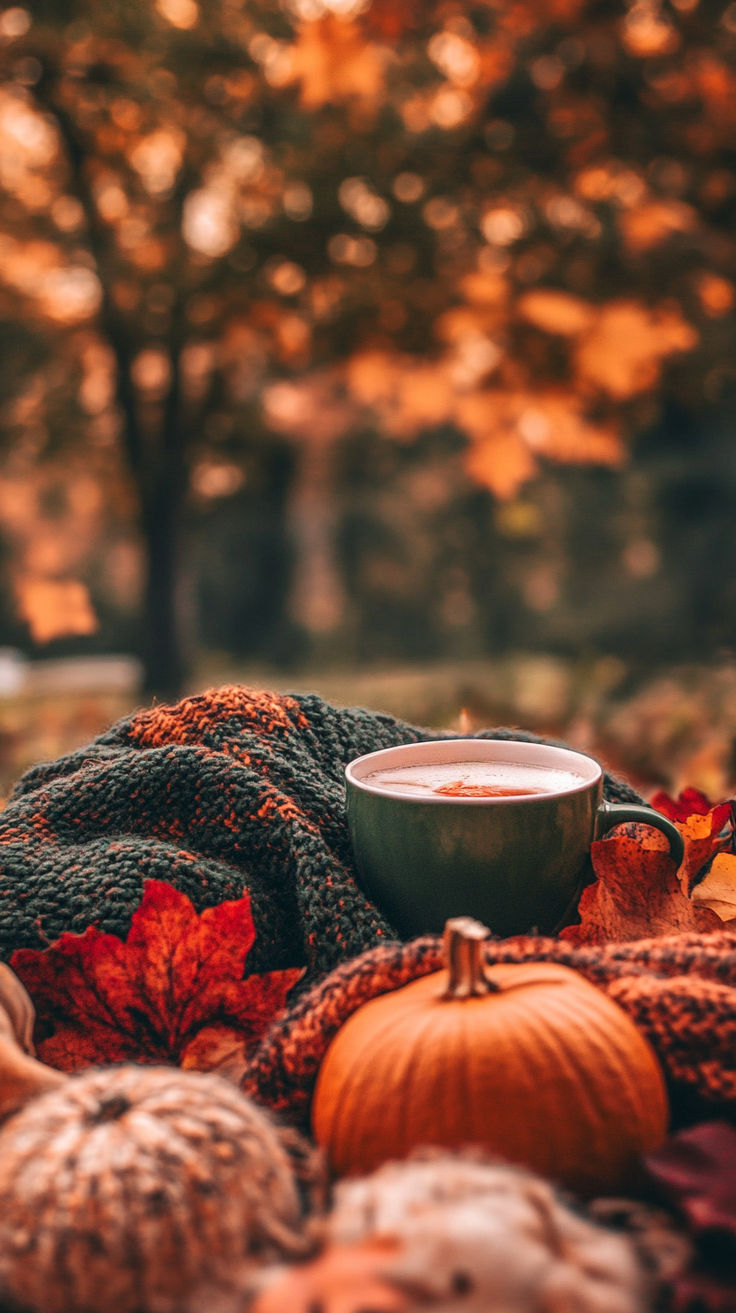 a cup of coffee sitting on top of a pile of fall leaves and pumpkins