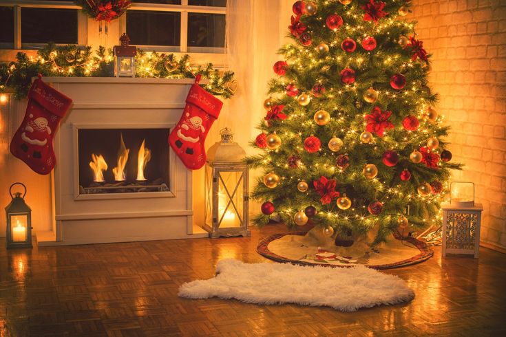 a decorated christmas tree in front of a fireplace