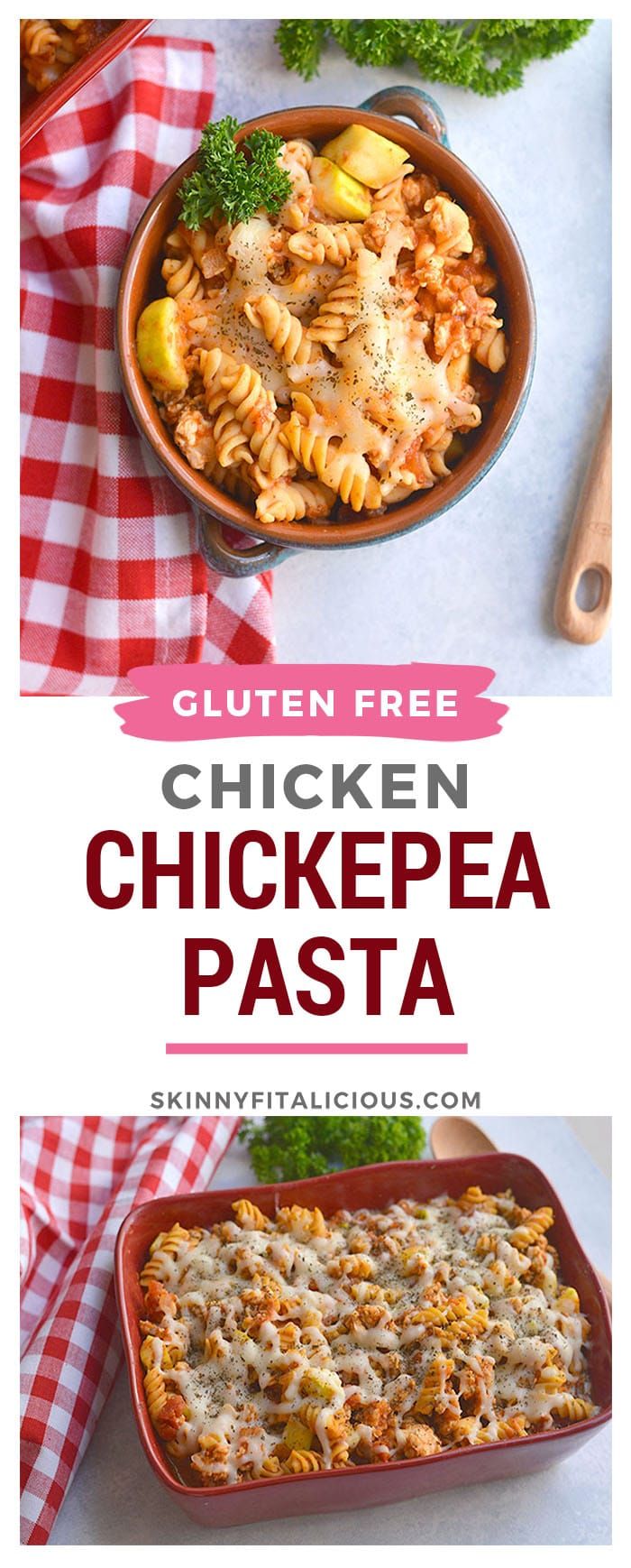 chicken and pasta casserole in a red dish with text overlay that reads, chicken chickpea pasta