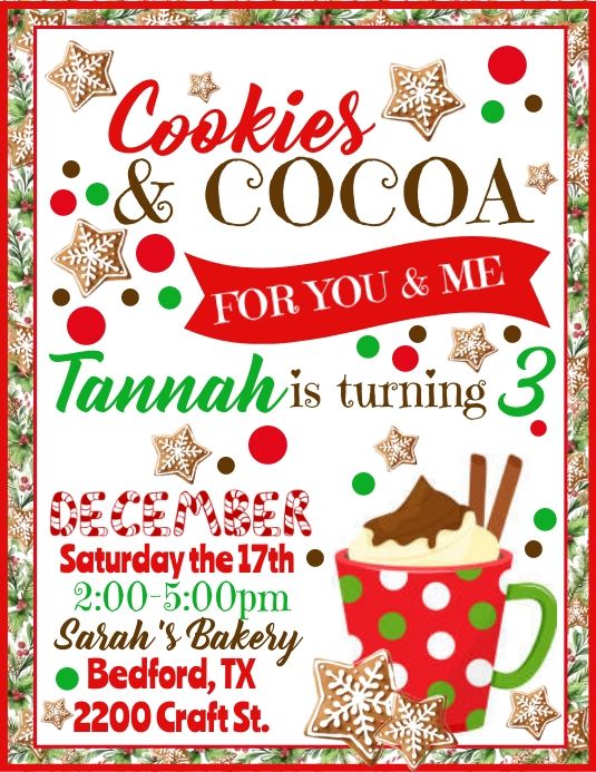 an advertisement for cookies and cocoa for you and me at tamahi's turning 3