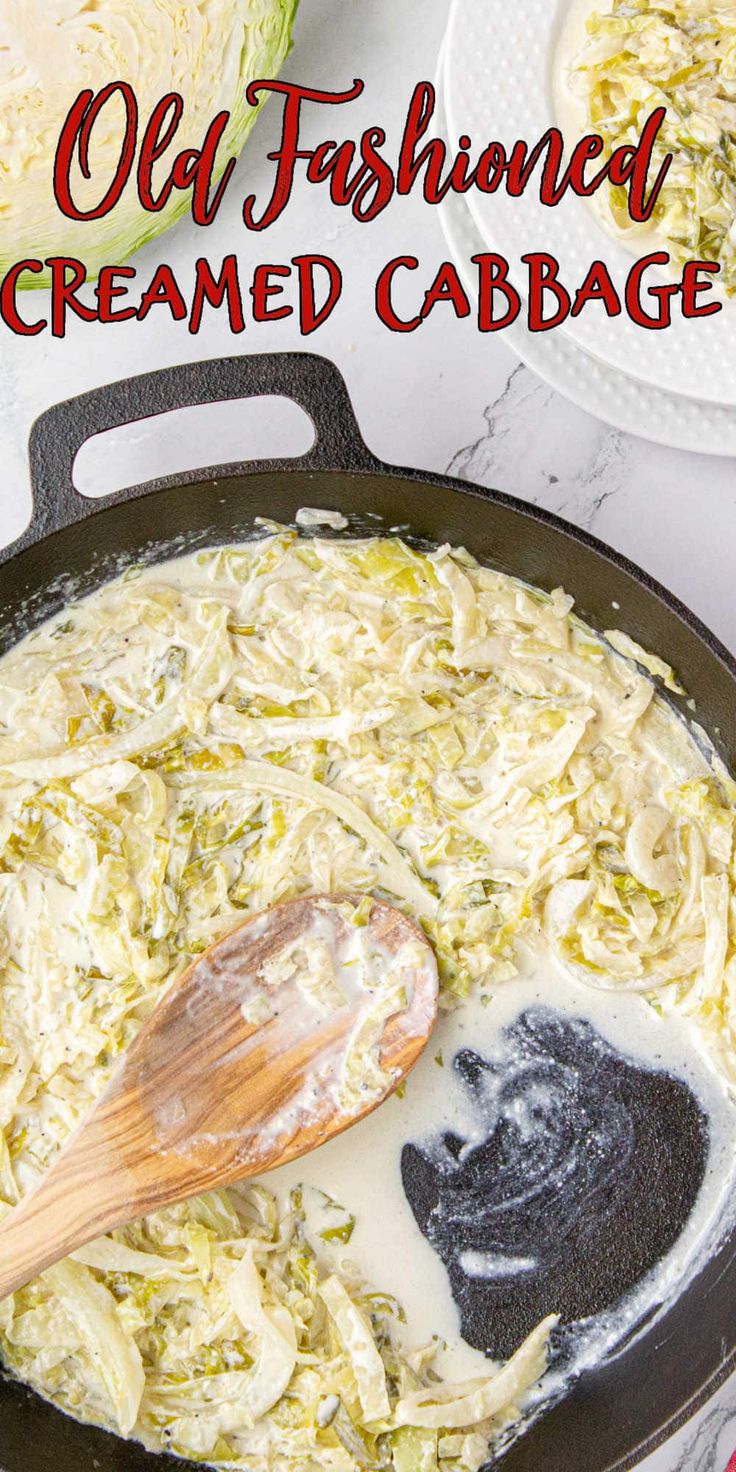 an old fashioned creamed cabbage cooking in a skillet