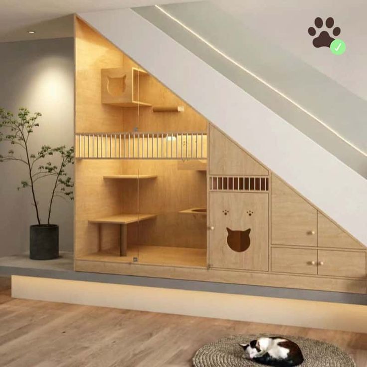 a dog laying on top of a rug in front of a bookshelf and shelves