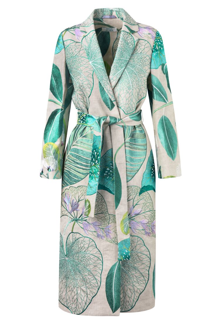 HOJAS GIGANTES BLUE KIMONO — Maison Alma Blue Kimono, Dress Indian Style, Notch Collar, Silk Embroidery, Pretty Style, The Red Carpet, Bright Green, Kimonos, Beautiful Fashion