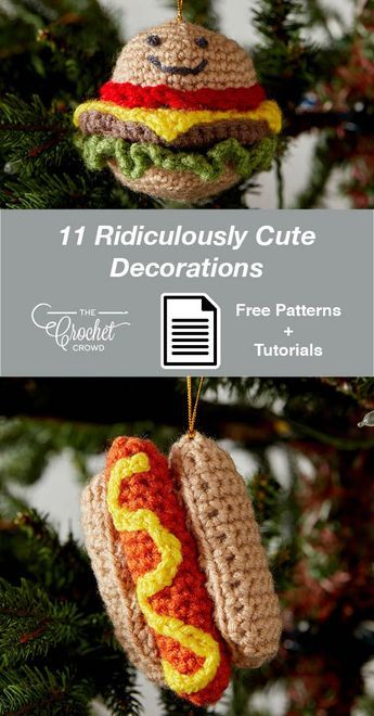 crocheted hot dog ornament hanging from a christmas tree with text overlay that reads, ridiculously cute decorations free pattern