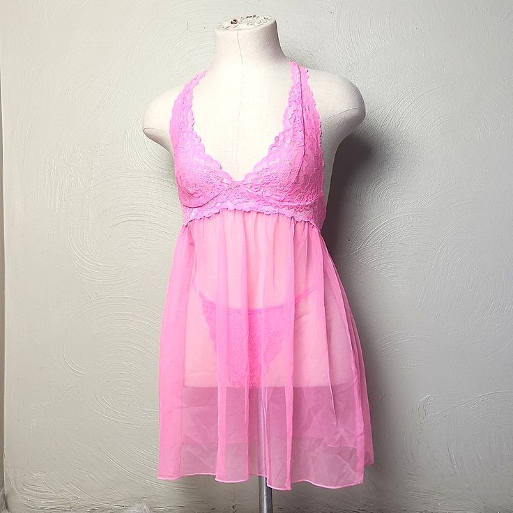 Euc And Never Worn! Perfect Hot Pink Set With Halter Top, Empire Waist, Flowly Mesh Bottom, And G String Panties Included. Newer Vintage From Late 90s, Early 2000s. Smoke Free Home! Check Out My Other Listings For More Vs! Valentine's Day Honeymoon Sexy Fun Flirty Soft Babydoll Fit Flattering Flowy Pink Stretch Sleepwear, Pink Lace Nightgown For Sleepovers, Pink Camisole For Nightwear, Feminine Sheer Sleepwear For Bedtime, Pink Stretch Nightgown For Loungewear, Sheer Stretch Feminine Sleepwear, Feminine Sheer Stretch Sleepwear, Sheer Lace Sleepwear For Bedtime, Sheer Lace Sleepwear