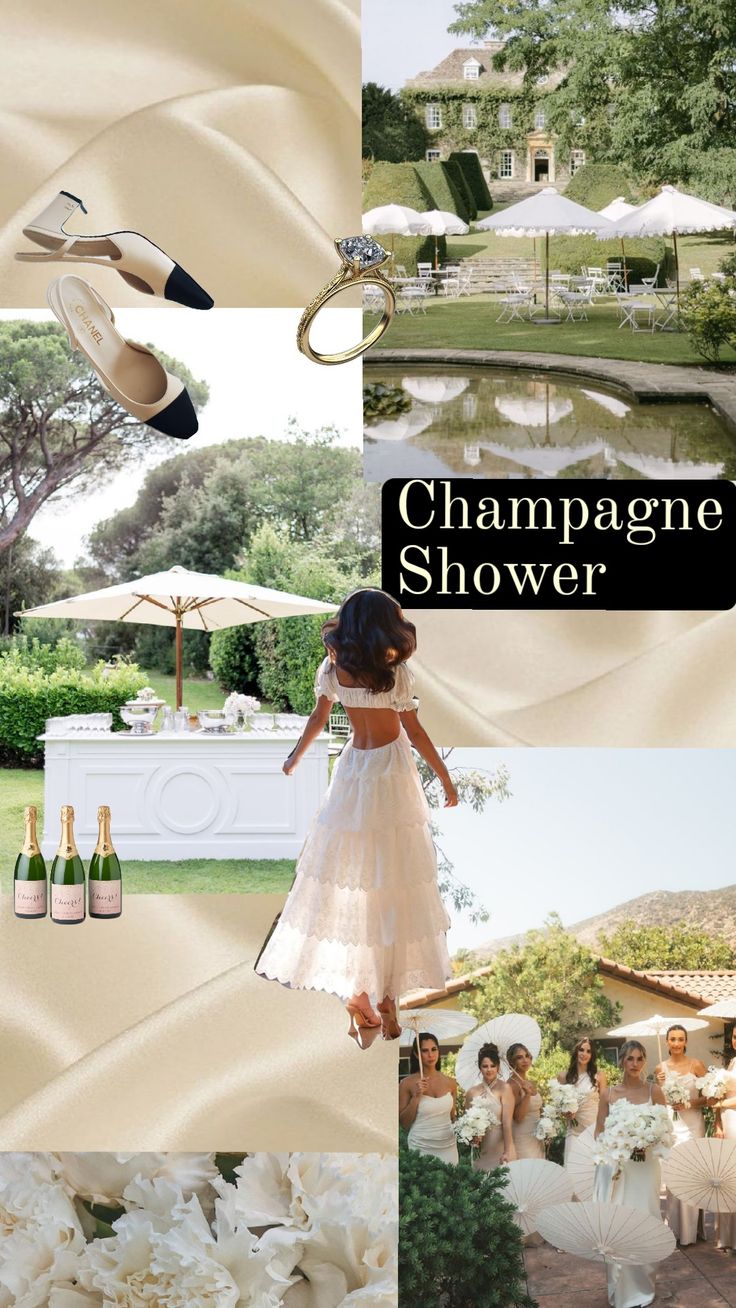 champagne shower collage with white flowers and umbrellas