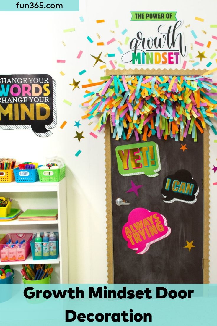 the growth minds door decoration is decorated with colorful confetti and paper streamers