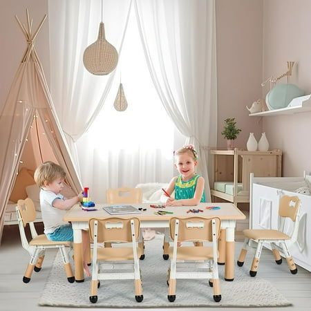 Arlopu kids table and 6 chairs set is made of non-toxic HDPE material, safe, sturdy and durable. The table surface is smooth and waterproof, your children can draw, do crafts or eat on this table set. Curved seat back is good for a child's spine. Sitting in a comforatble gesture keeps your child healthy and relaxed. Adjustable anti-slip table/chair feet keeps the table/chair stand stable, even on the uneven floor. The weight-bearing capacity is 220lbs. Both table and chairs are height adjustable Adjustable Table Legs, Table With 6 Chairs, Daycare Classroom, Preschool Play, Kids Study Table, Floor Types, Kids Playroom Furniture, Kids Activity Table, Toddler Table And Chairs