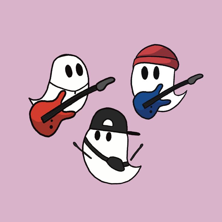 three cartoon characters with guitars and hats on their heads, one is playing the guitar