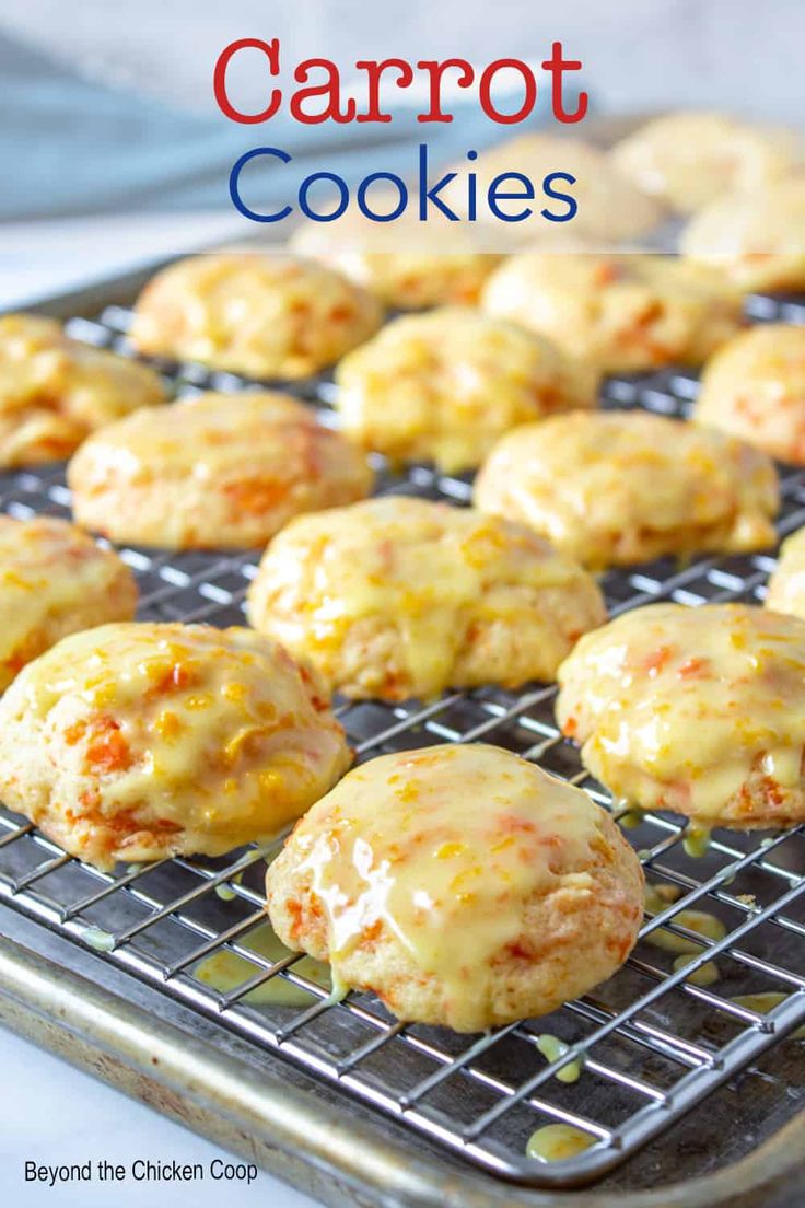 carrot cookies cooling on a baking rack with the title above it reads, carrot cookies