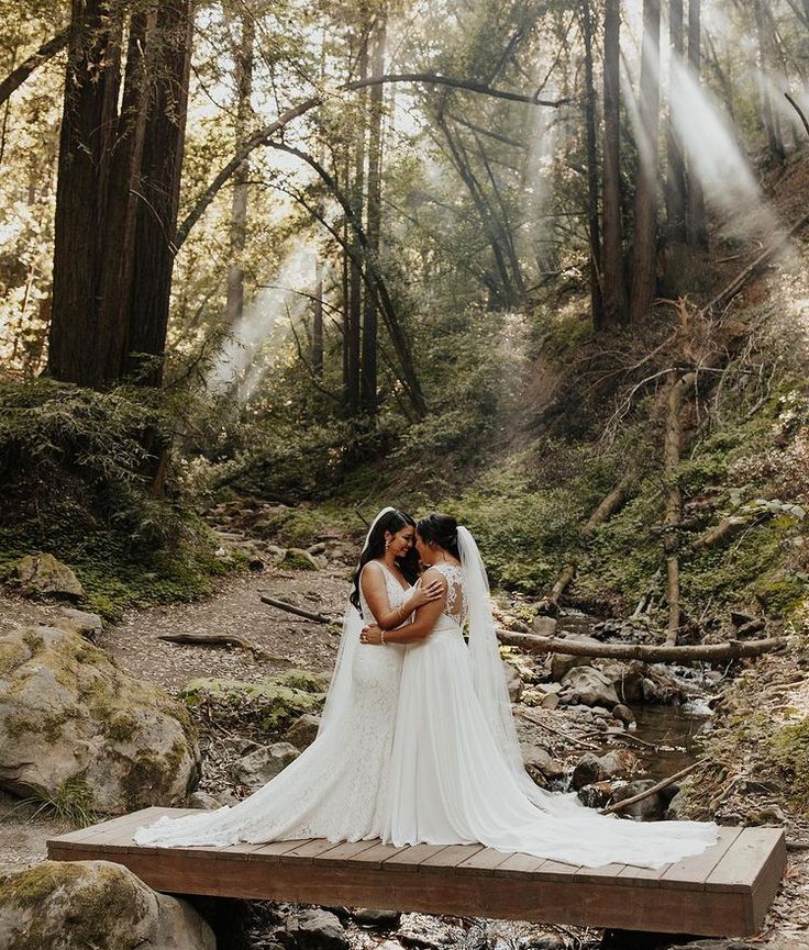 a bride and groom standing on a wooden bridge in the woods with sunlight streaming through the trees