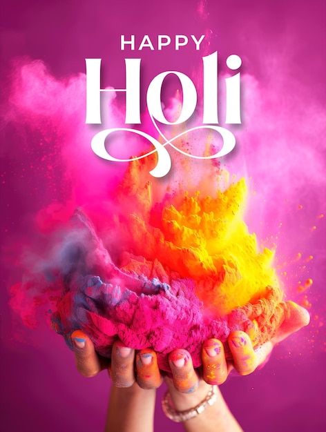 woman holding colorful powder in her hands with the words happy holi on it