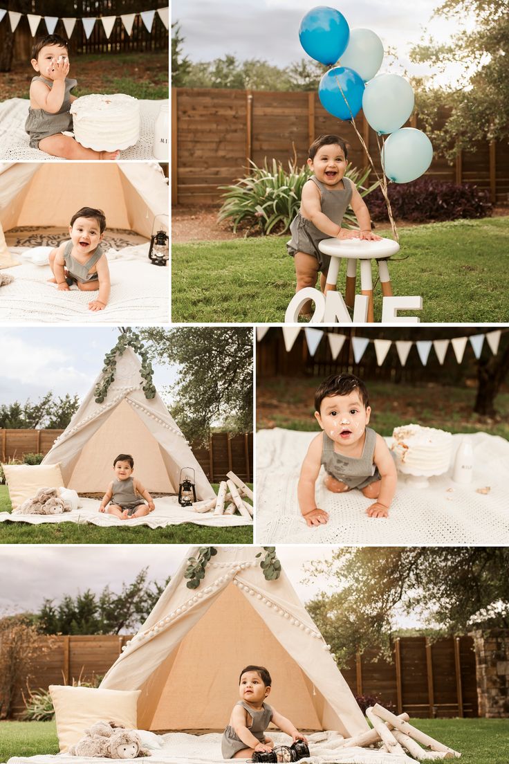 a collage of photos shows a baby sitting in a teepee with balloons on it