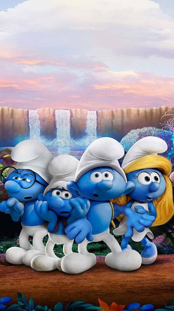 the smurfs are standing together in front of a painting