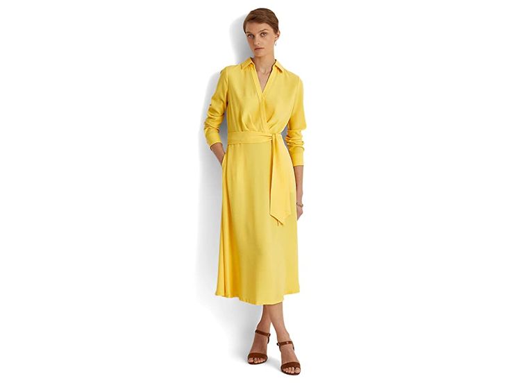 LAUREN Ralph Lauren Long Sleeve Day Dress - Women's Clothing : Yellow Lily : The LAUREN Ralph Lauren Long Sleeve Day Dress is a Surplice Georgette Midi Dress featuring a faux-wrap bodice, a belted waist, and side on-seam pockets. Lightweight and breathable fabric. Collar with swooping V-neckline. Long sleeves with tie detail on waistline. Side on seam pockets. 100% polyester. Dry clean. Imported. Fitted V-neck Belted Dress For Daywear, V-neck Belted Dress For Work, Spring V-neck Belted Work Dress, Belted V-neck Daywear Dresses, Fitted V-neck Belted Dress For Spring, V-neck Belted Dress With Belted Cuffs For Work, Spring Fitted Belted V-neck Dress, Spring V-neck Fitted Belted Dress, Belted V-neck Wrap Dress For Work