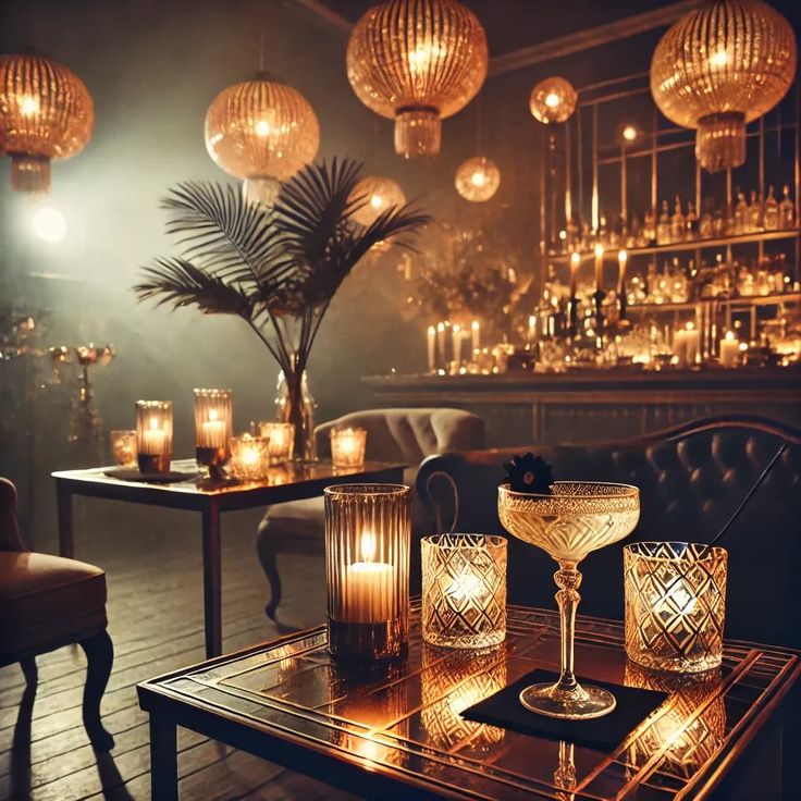 a room filled with lots of lit candles and vases on top of a table