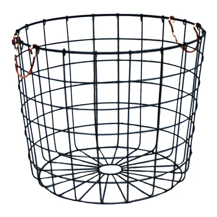 a black wire basket with copper handles on a white background and an orange cord hanging from the bottom