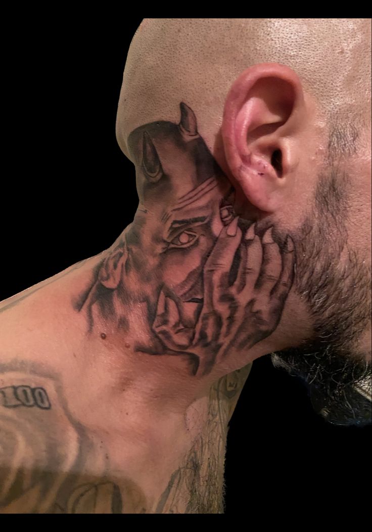 Devil whispering into ear neck tattoo Whispering Into Ear, Devil Whispering In Ear Tattoo, Angel Whispering In Ear Tattoo Design, Angel Whispering In Ear Tattoo, In Ear Tattoo, Whispering In Ear, Ear Tattoo Design, Tattoo Devil, The Ear