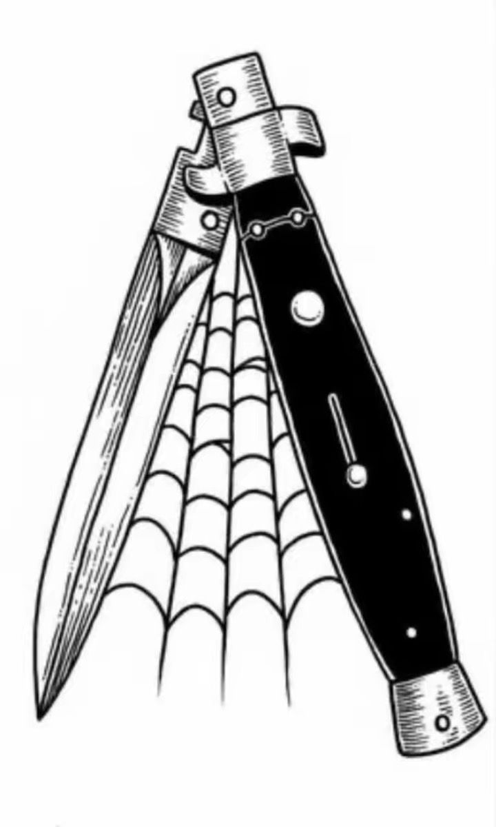 a black and white drawing of a knife with a spider web on it's blade