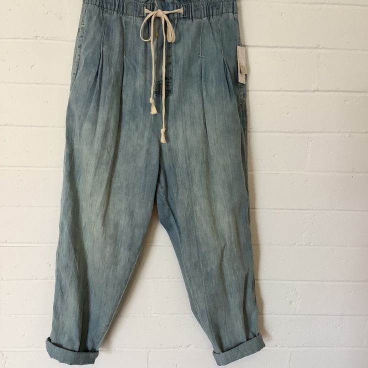 Cotton Hemp Seaside Blue Paper Bag Waist Distressed Finish, Especially On Lower Leg Hem Machine Wash Cold Waist 14 1/2" Inseam 26 1/2" Hem Unfolded See Photos For Details Lower Leg, M Pants, Free People Pants, See Photo, Pant Jumpsuit, Paper Bag, Blue White, Free People, Pants For Women