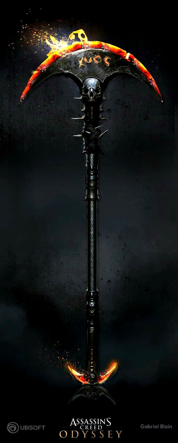 an old hammer with spikes on it and flames coming out of the top, against a dark background