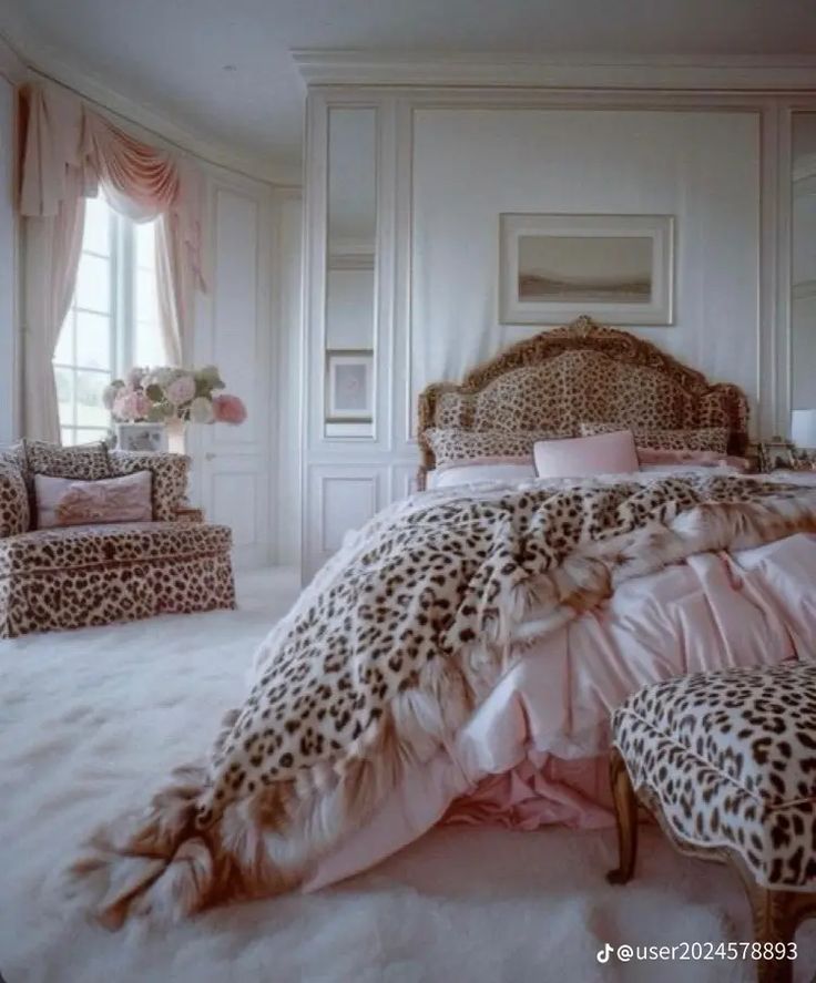 a leopard print bed in a white bedroom with pink pillows and matching foot stools