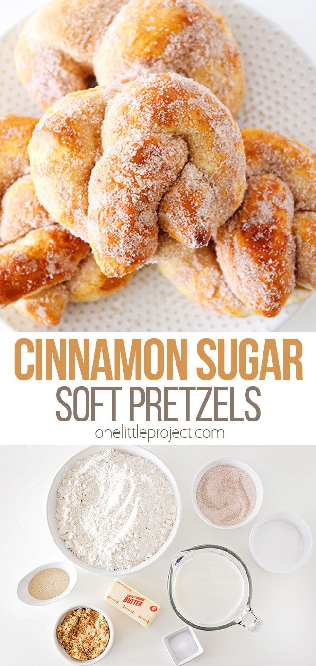 cinnamon sugar soft pretzels on a plate with powdered sugar in the middle