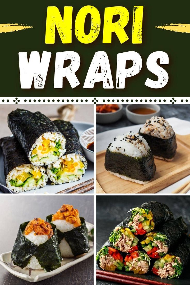 different types of sushi rolls with the words nori wraps on top and bottom