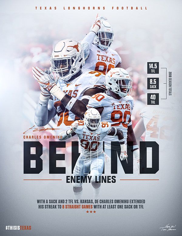 an advertisement for the texas longhorns football team, featuring three players in white and orange uniforms